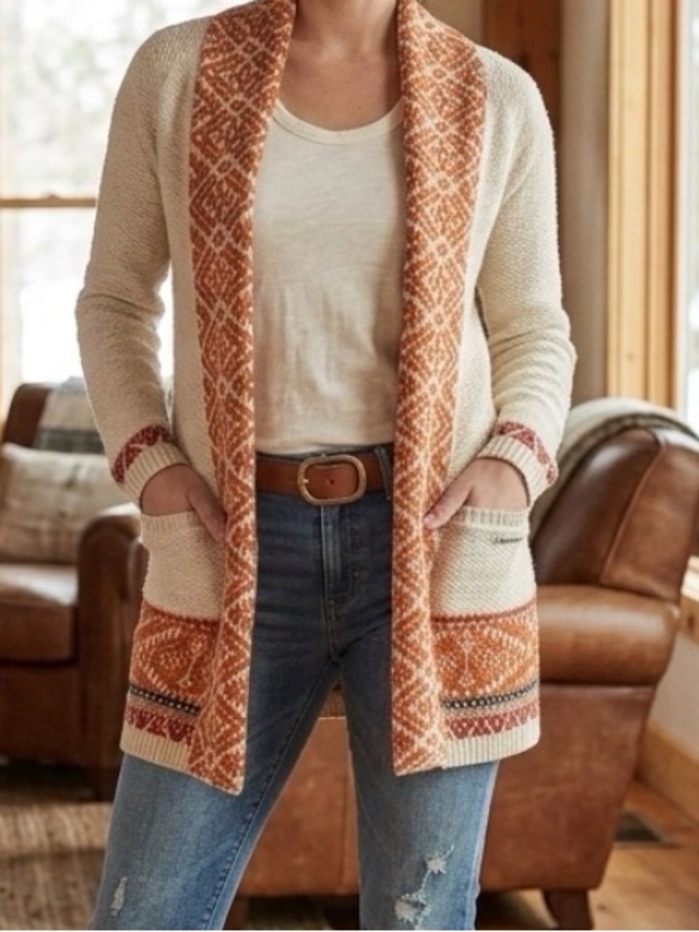 Lucky Brand Cream Cardigan with Rust Patterned Trim